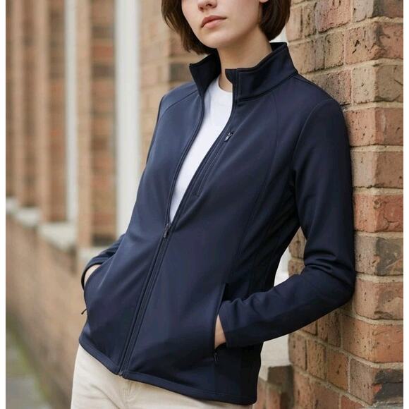 T by Talbots Activewear Jacket Top Womens Size M Navy Blue Full Zip Long Sleeve - Picture 1 of 15
